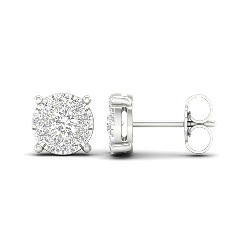 Main Image 3 of Diamond Halo Stud Earrings 1 ct tw Round-Cut 10K White Gold