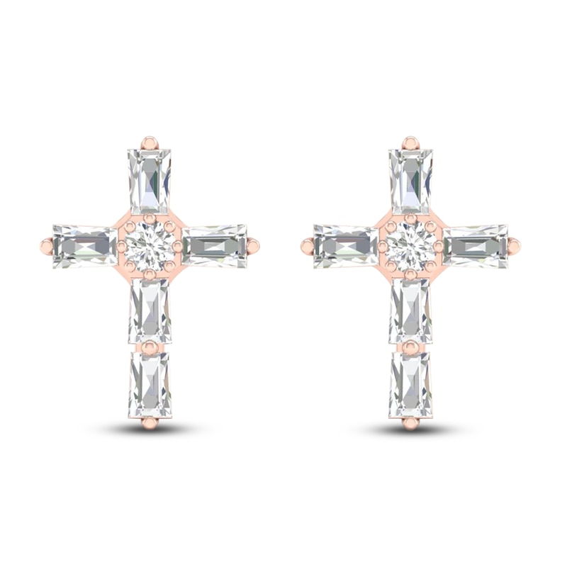 Main Image 2 of Diamond Cross Stud Earrings 1/5 ct tw Baguette & Round-Cut 10K Rose Gold