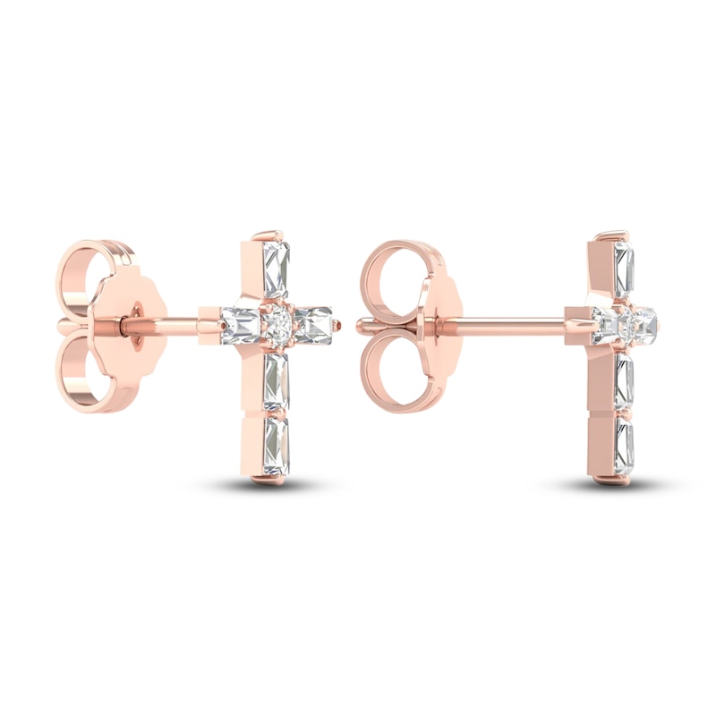 Main Image 4 of Diamond Cross Stud Earrings 1/5 ct tw Baguette & Round-Cut 10K Rose Gold