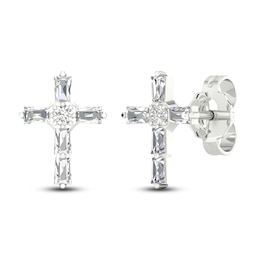 Diamond Cross Stud Earrings 1/5 ct tw Round & Baguette 10K White Gold