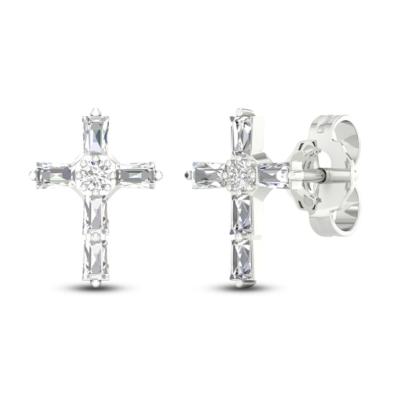 Main Image 1 of Diamond Cross Stud Earrings 1/5 ct tw Round & Baguette 10K White Gold
