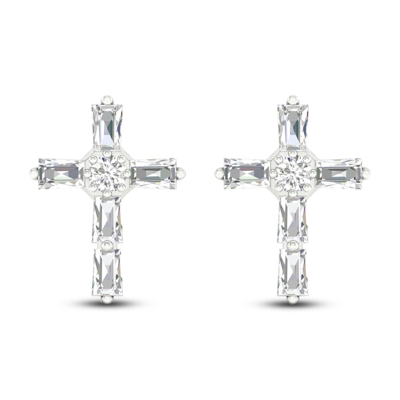 Main Image 2 of Diamond Cross Stud Earrings 1/5 ct tw Round & Baguette 10K White Gold