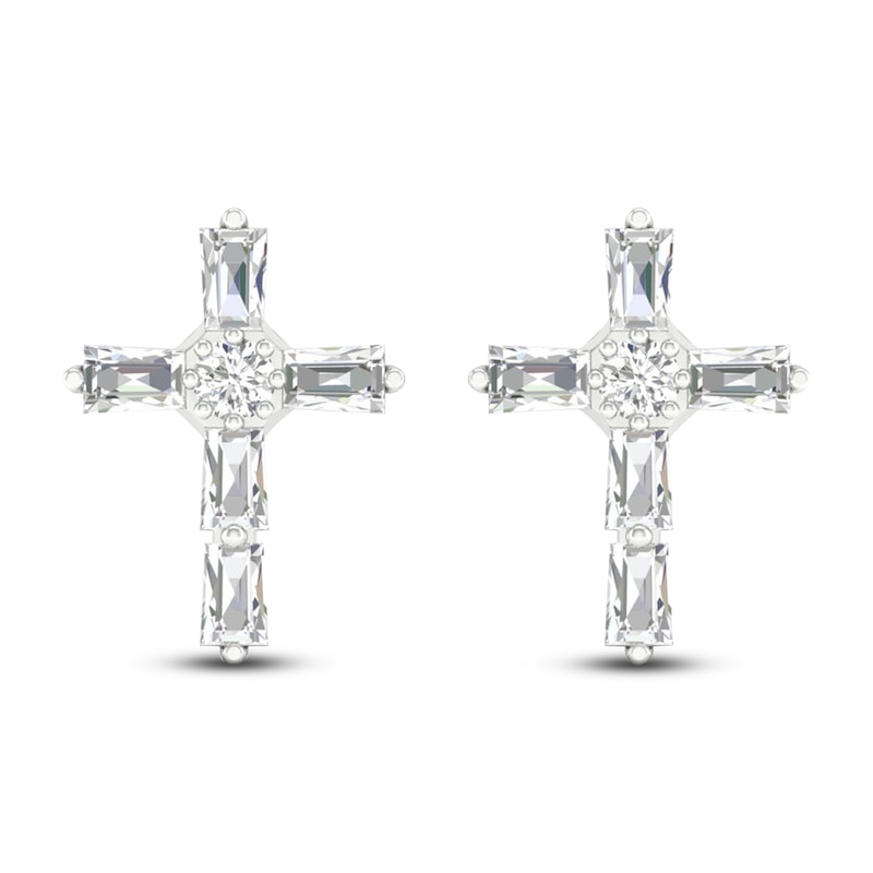 Diamond Cross Stud Earrings 1/5 ct tw Round & Baguette 10K White Gold