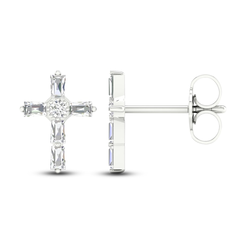 Diamond Cross Stud Earrings 1/5 ct tw Round & Baguette 10K White Gold