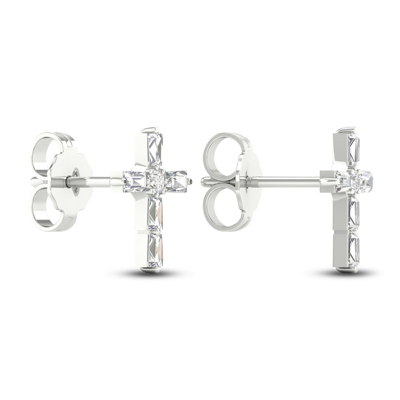 Main Image 4 of Diamond Cross Stud Earrings 1/5 ct tw Round & Baguette 10K White Gold