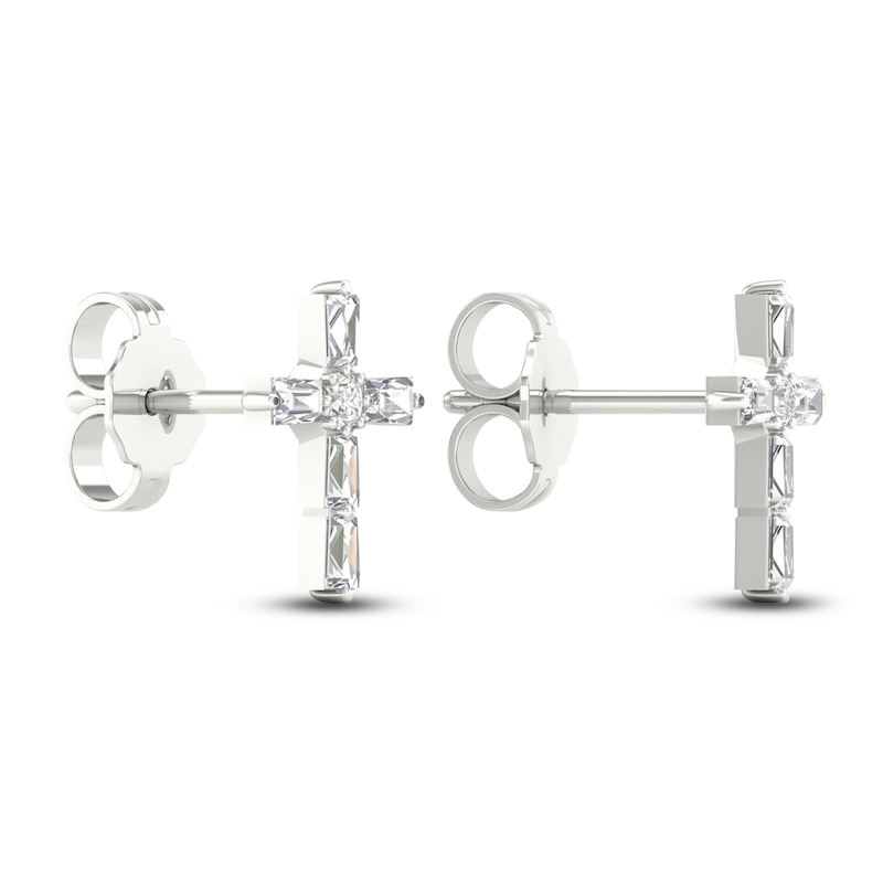 Diamond Cross Stud Earrings 1/5 ct tw Round & Baguette 10K White Gold