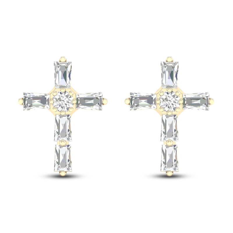 Main Image 2 of Diamond Cross Stud Earrings 1/5 ct tw Round & Baguette 10K Yellow Gold