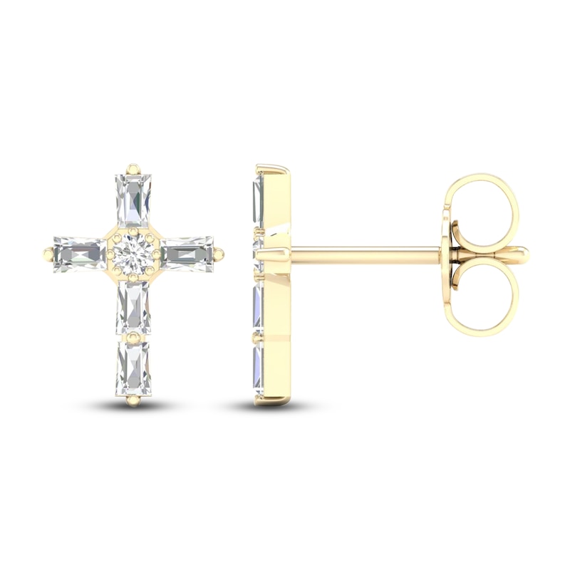 Main Image 3 of Diamond Cross Stud Earrings 1/5 ct tw Round & Baguette 10K Yellow Gold