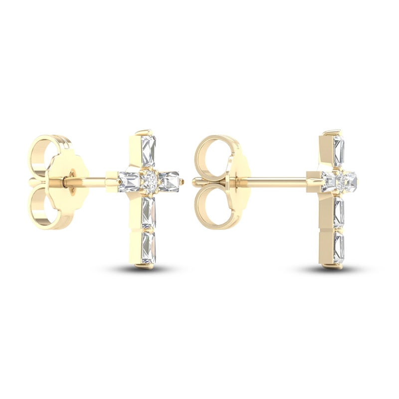 Main Image 4 of Diamond Cross Stud Earrings 1/5 ct tw Round & Baguette 10K Yellow Gold