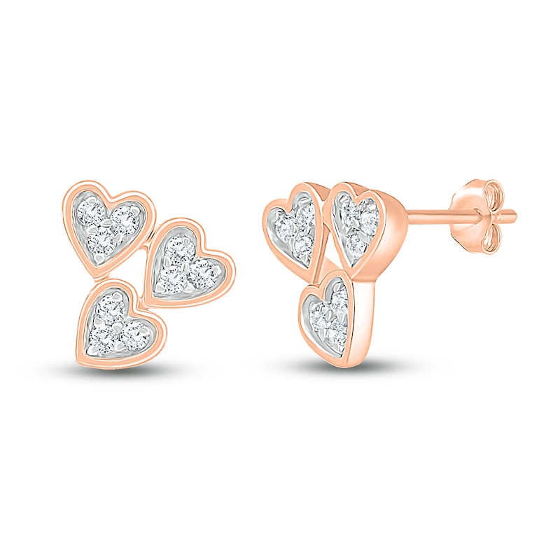 Main Image 1 of Diamond Triple Heart Earrings 1/10 ct tw Round-cut 10K Rose Gold