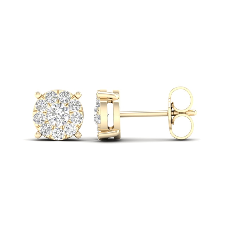 Main Image 3 of Diamond Halo Stud Earrings 1/2 ct tw Round-Cut 10K Yellow Gold