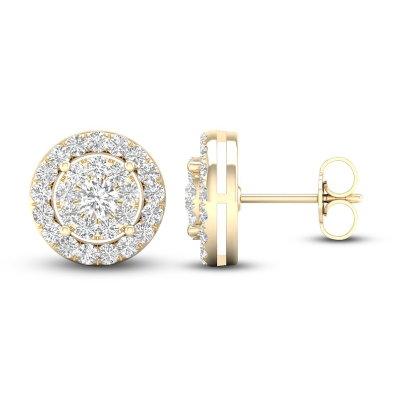 Main Image 2 of Diamond Halo Stud Earrings 1 ct tw Round-Cut 10K Yellow Gold