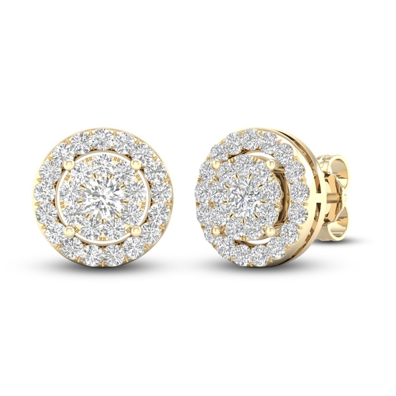 Main Image 3 of Diamond Halo Stud Earrings 1 ct tw Round-Cut 10K Yellow Gold