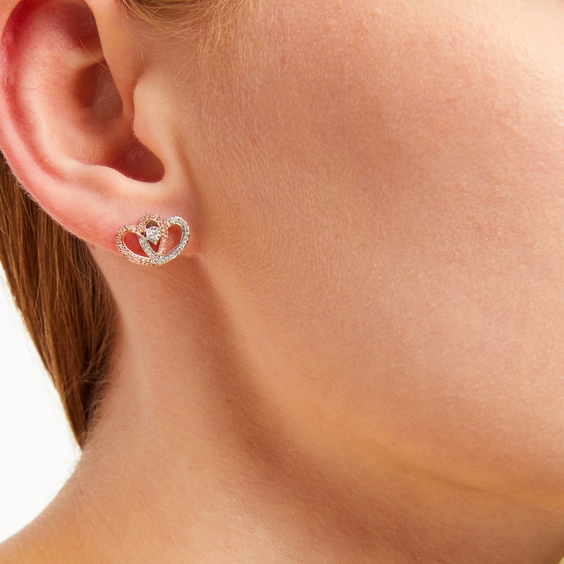 Main Image 3 of Diamond Heart Stud Earrings 1/5 ct tw Round-Cut 10K Two-Tone