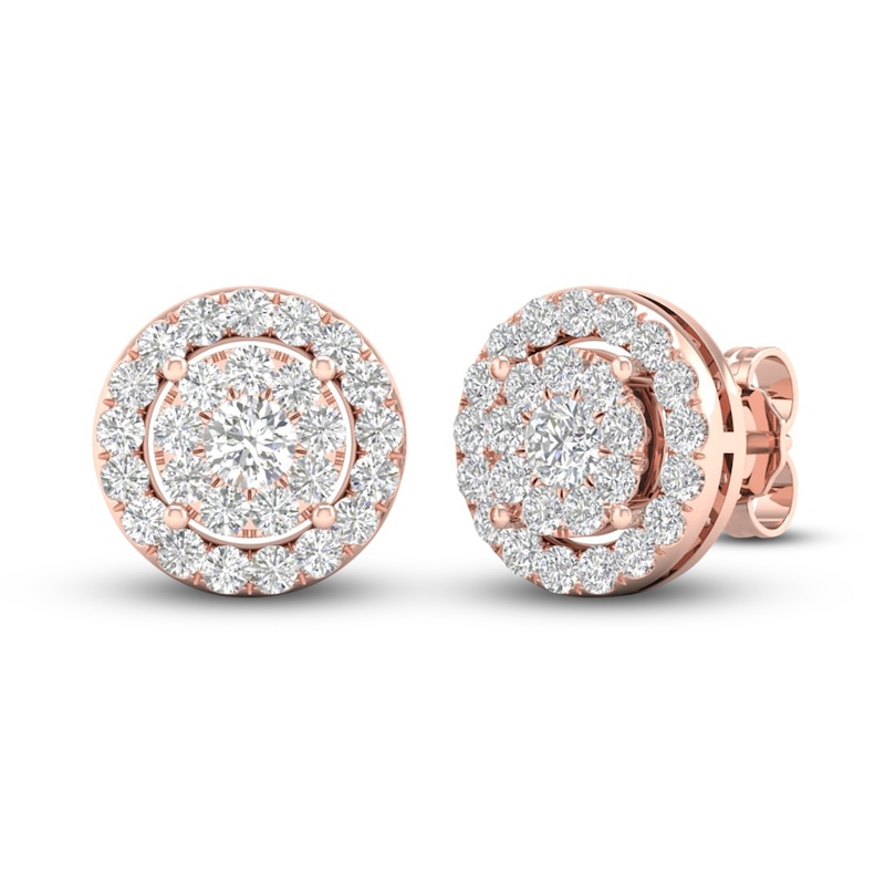 Main Image 3 of Diamond Halo Stud Earrings 1 ct tw Round-Cut 10K Rose Gold