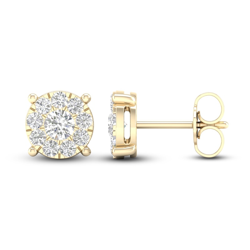 Main Image 2 of Diamond Halo Stud Earrings 1 ct tw Round-Cut 10K Yellow Gold