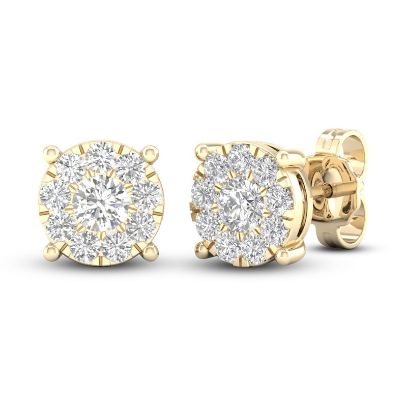 Main Image 3 of Diamond Halo Stud Earrings 1 ct tw Round-Cut 10K Yellow Gold