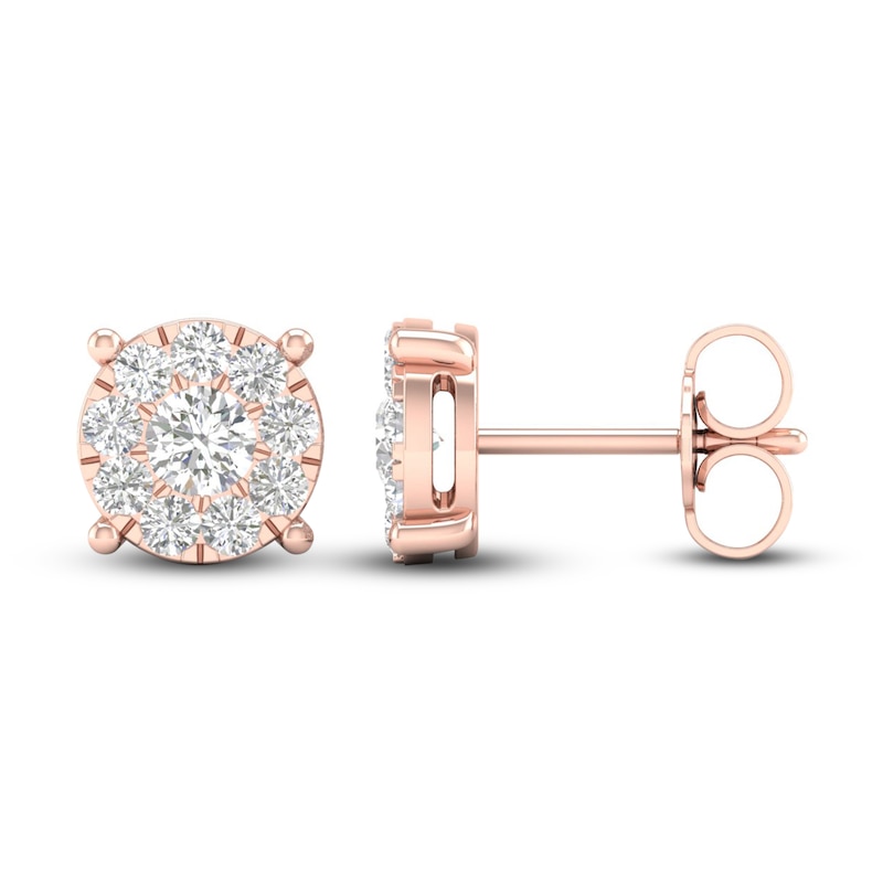 Main Image 2 of Diamond Halo Stud Earrings 1 ct tw Round-Cut 10K Rose Gold