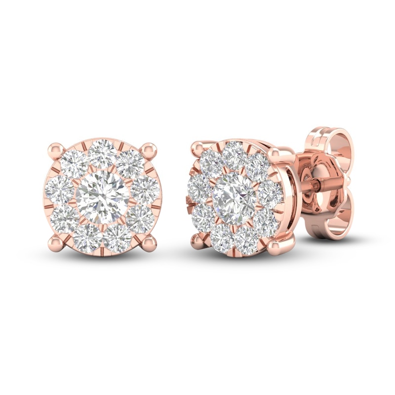 Main Image 3 of Diamond Halo Stud Earrings 1 ct tw Round-Cut 10K Rose Gold