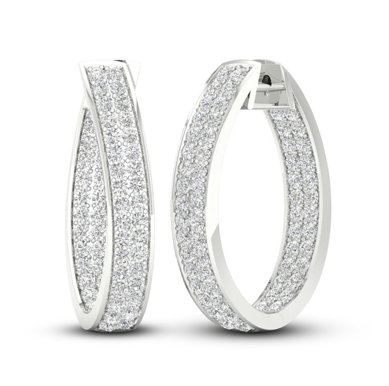 Main Image 1 of Diamond In-and-Out Hoop Earrings 3 ct tw Round-Cut 14K White Gold