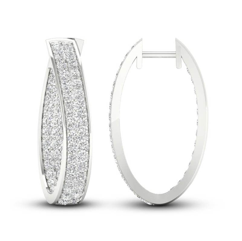 Main Image 2 of Diamond In-and-Out Hoop Earrings 3 ct tw Round-Cut 14K White Gold