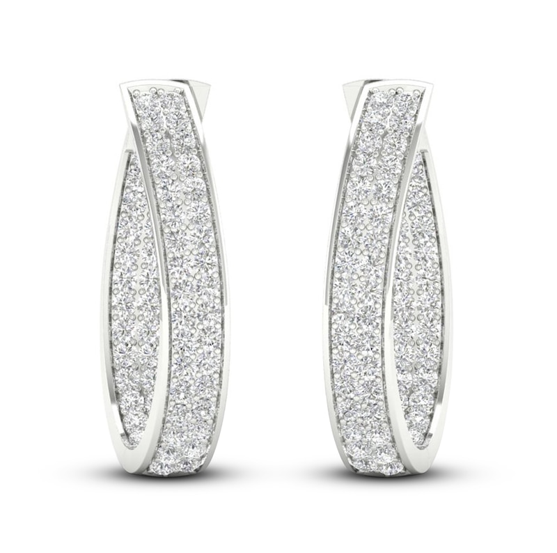 Main Image 3 of Diamond In-and-Out Hoop Earrings 3 ct tw Round-Cut 14K White Gold