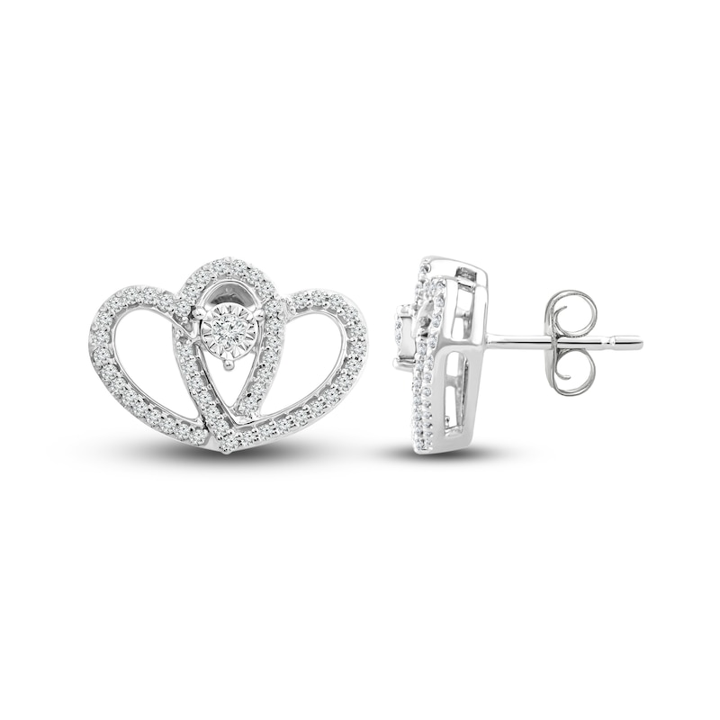 Two as One Diamond Heart Stud Earrings 1/5 ct tw Round-Cut Sterling Silver with 360