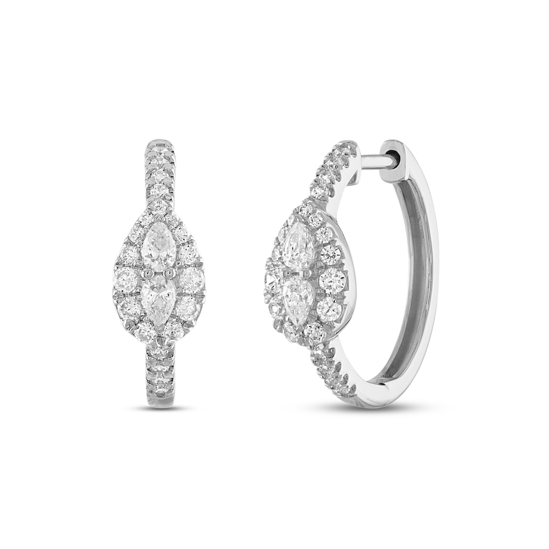 Main Image 1 of Forever Connected Diamond Huggie Hoop Earrings 1/2 ct tw Pear & Round-cut 10K White Gold