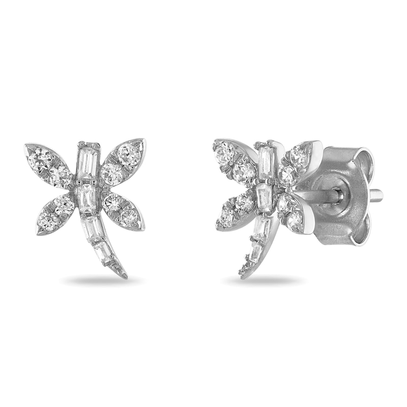Main Image 1 of Diamond Dragonfly Stud Earrings 1/5 ct tw Round & Baguette-cut 10K White Gold