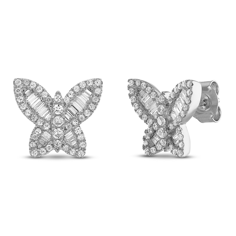 Main Image 1 of Diamond Butterfly Earrings 5/8 ct tw Round & Baguette 10K White Gold