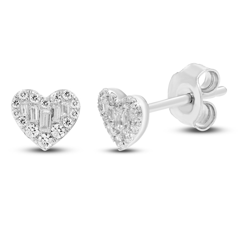 Diamond Heart Stud Earrings 1/5 ct tw Round & Baguette Sterling Silver