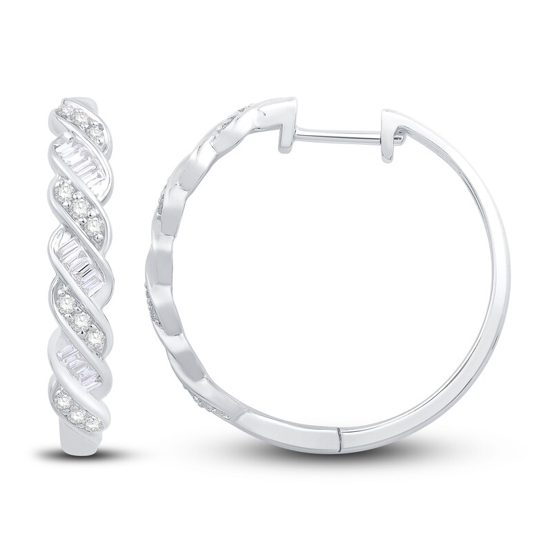 Diamond Twist Hoop Earrings 3/8 ct tw Baguette & Round-cut 10K White Gold
