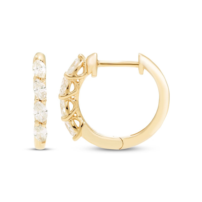 Main Image 3 of Diamond Huggie Hoop Earrings 1/3 ct tw Marquise-cut 10K Yellow Gold