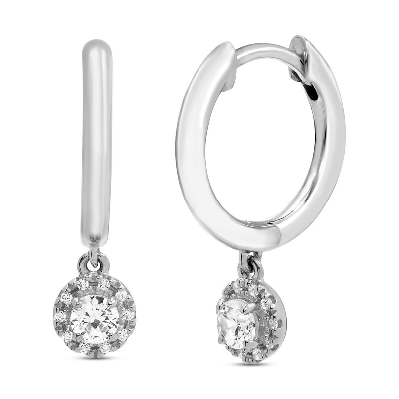 Main Image 1 of Diamond Dangle Huggie Hoop Earrings 1/4 ct tw Round-cut 10K White Gold