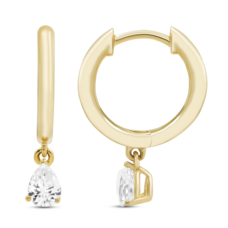 Main Image 2 of Diamond Dangle Huggie Drop Earrings 1/5 ct tw Pear-Shaped 10K Yellow Gold