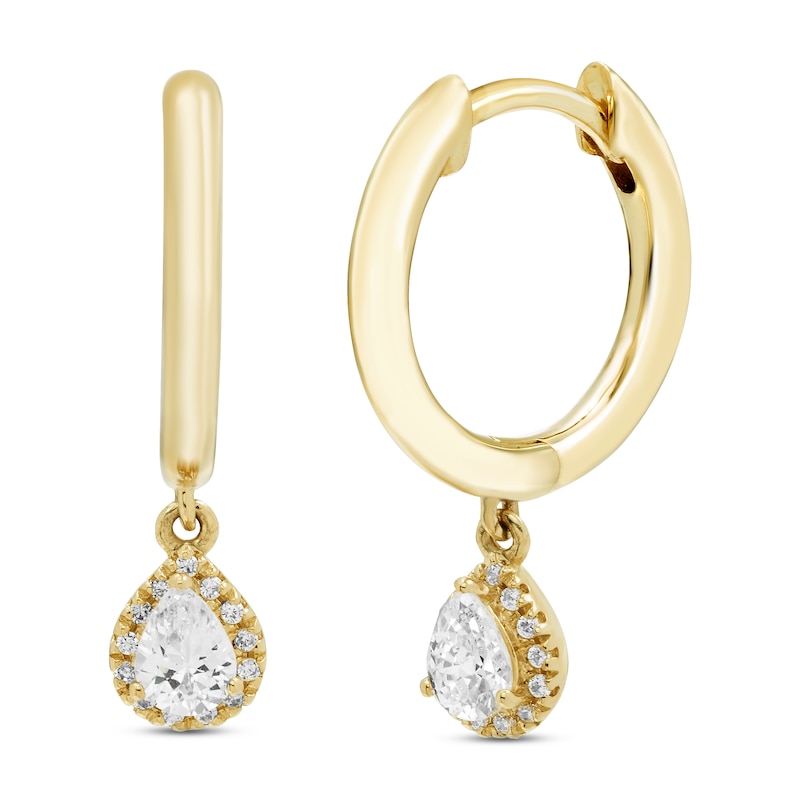 Main Image 1 of Diamond Dangle Huggie Drop Earrings 1/4 ct tw Pear & Round-cut 10K Yellow Gold