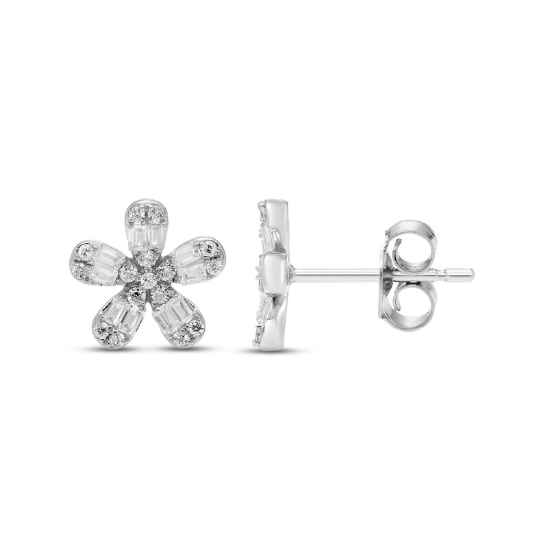 Diamond Flower Stud Earrings 1/4 ct tw Baguette & Round-cut 10K White Gold