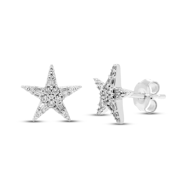 Main Image 1 of Diamond Star Stud Earrings 1/4 ct tw Round & Baguette-cut 10K White Gold