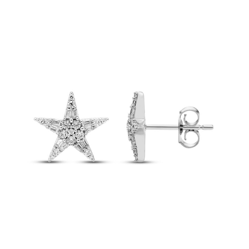 Main Image 2 of Diamond Star Stud Earrings 1/4 ct tw Round & Baguette-cut 10K White Gold