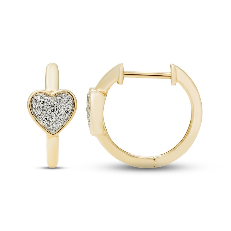 Main Image 2 of Diamond Heart Huggie Hoop Earrings 1/10 ct tw Round-cut 10K Yellow Gold