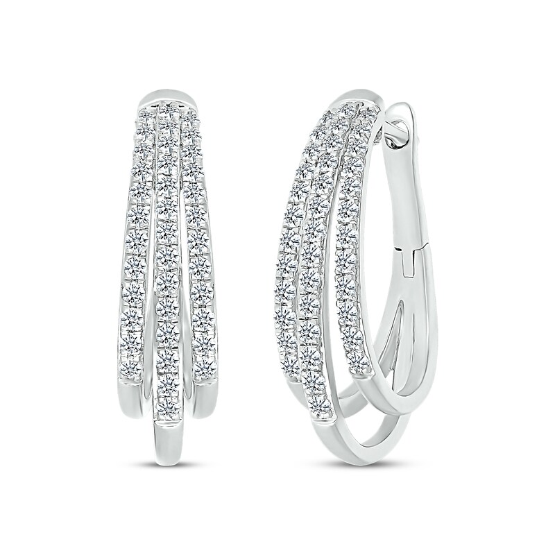 Diamond Three-Row Pave Hoop Earrings 1 ct tw Round-cut 10K White Gold