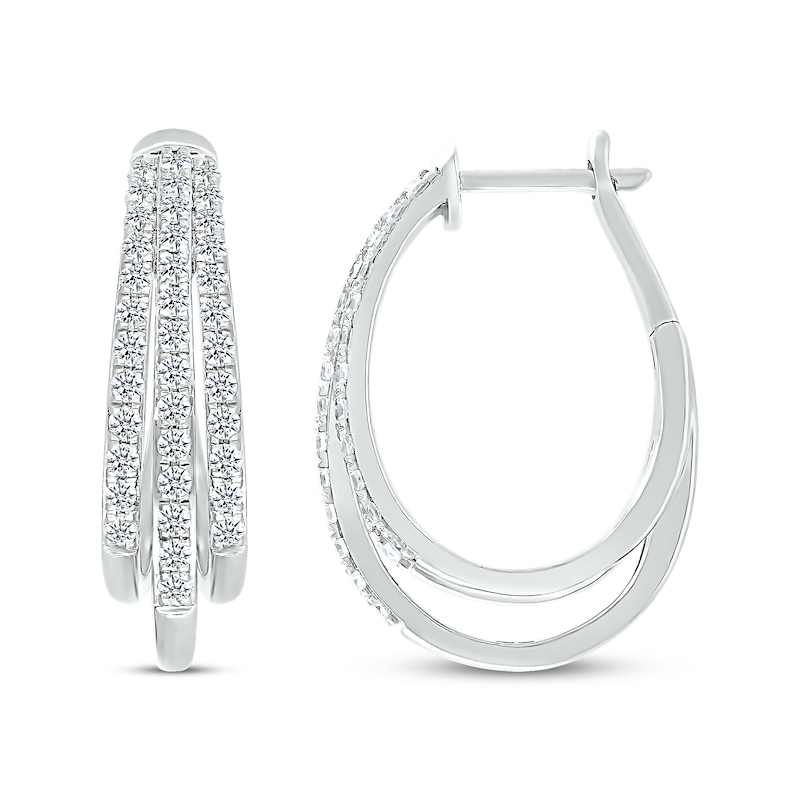 Diamond Three-Row Pave Hoop Earrings 1 ct tw Round-cut 10K White Gold
