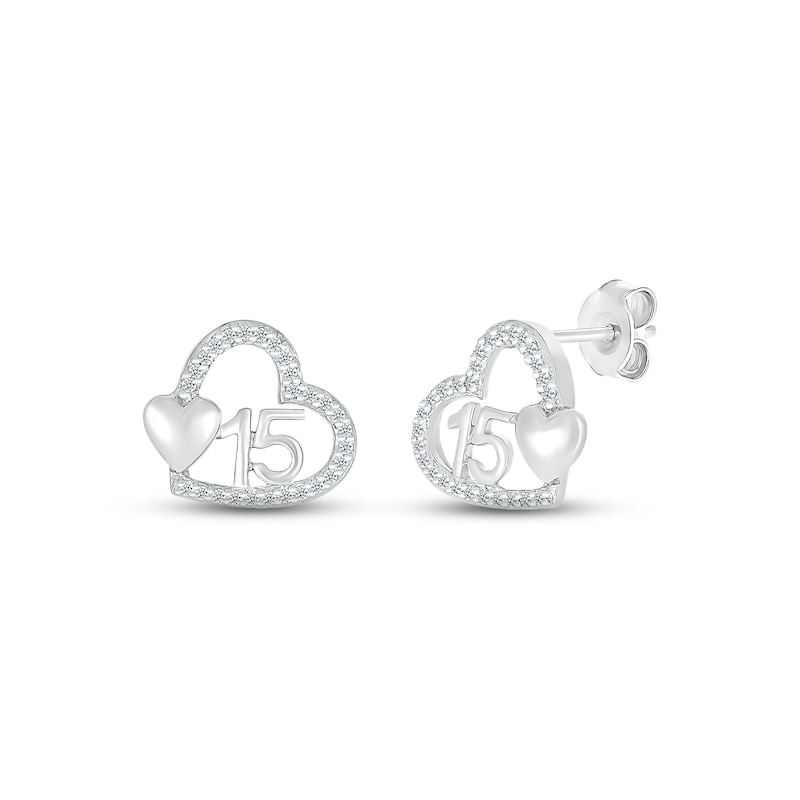 Diamond Quinceañera Heart Earrings 1/10 ct tw Round-cut Sterling Silver