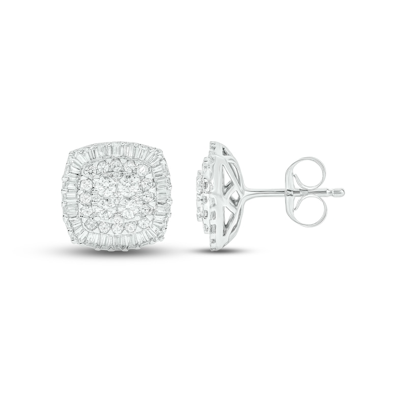 Main Image 2 of Diamond Cushion Earrings 1 ct tw Round & Baguette-cut 10K White Gold
