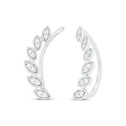 Diamond Leaf Earring Climbers 1/10 ct tw Round-cut Sterling Silver