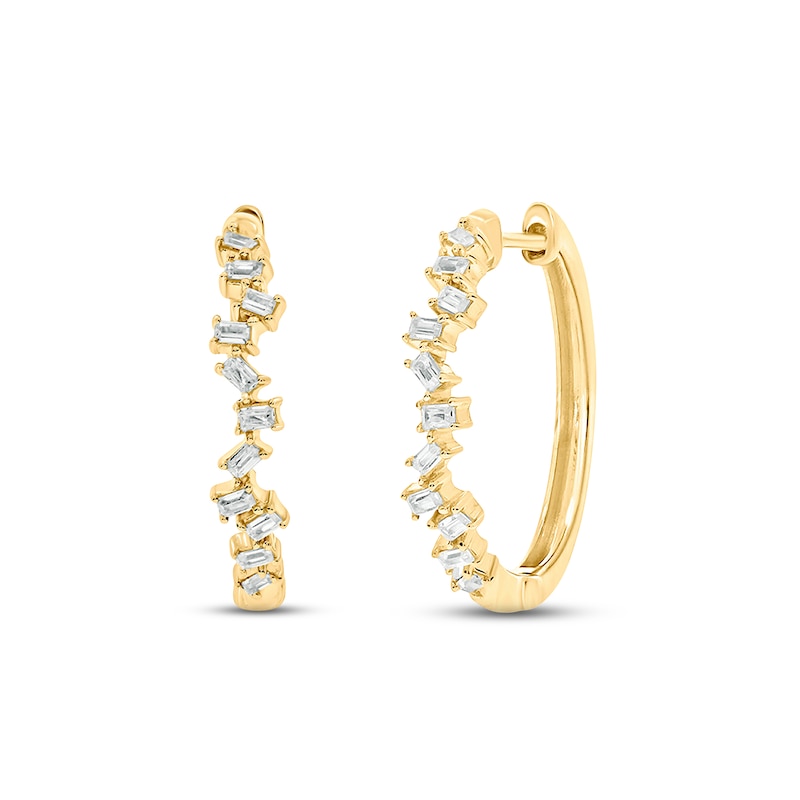 Main Image 1 of Diamond Hoop Earrings 1/6 ct tw Baguette-cut 10K Yellow Gold
