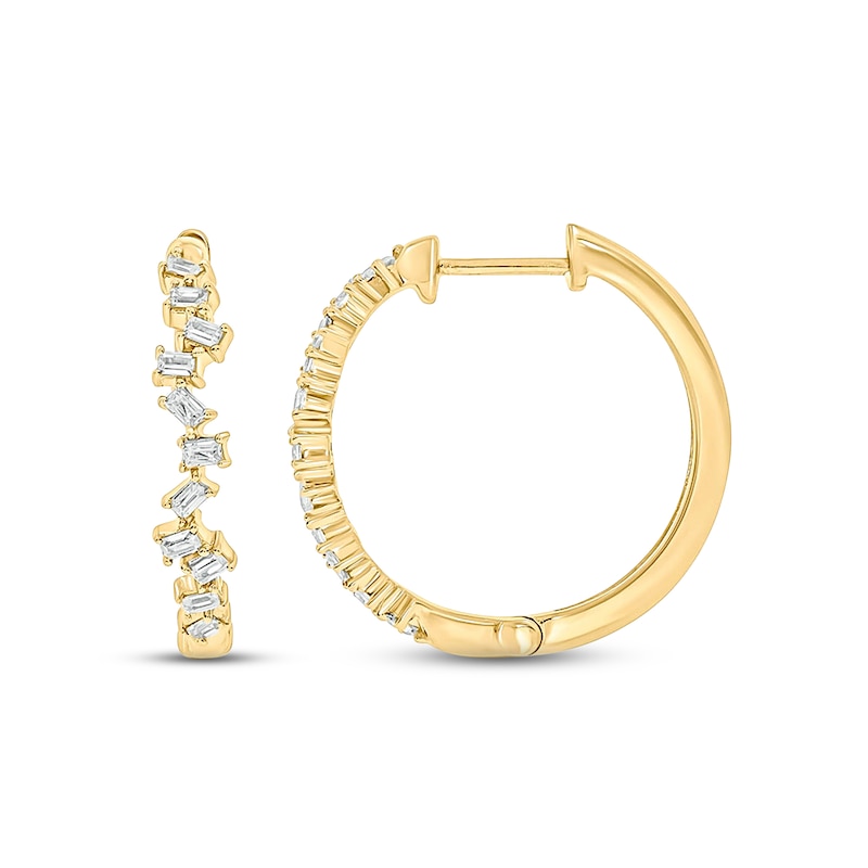 Main Image 2 of Diamond Hoop Earrings 1/6 ct tw Baguette-cut 10K Yellow Gold