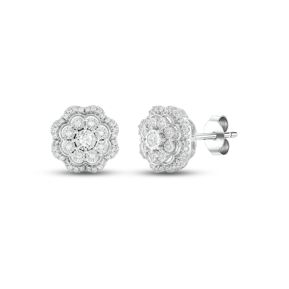 Diamond Flower Stud Earrings 1/4 ct tw Round-cut 10K White Gold