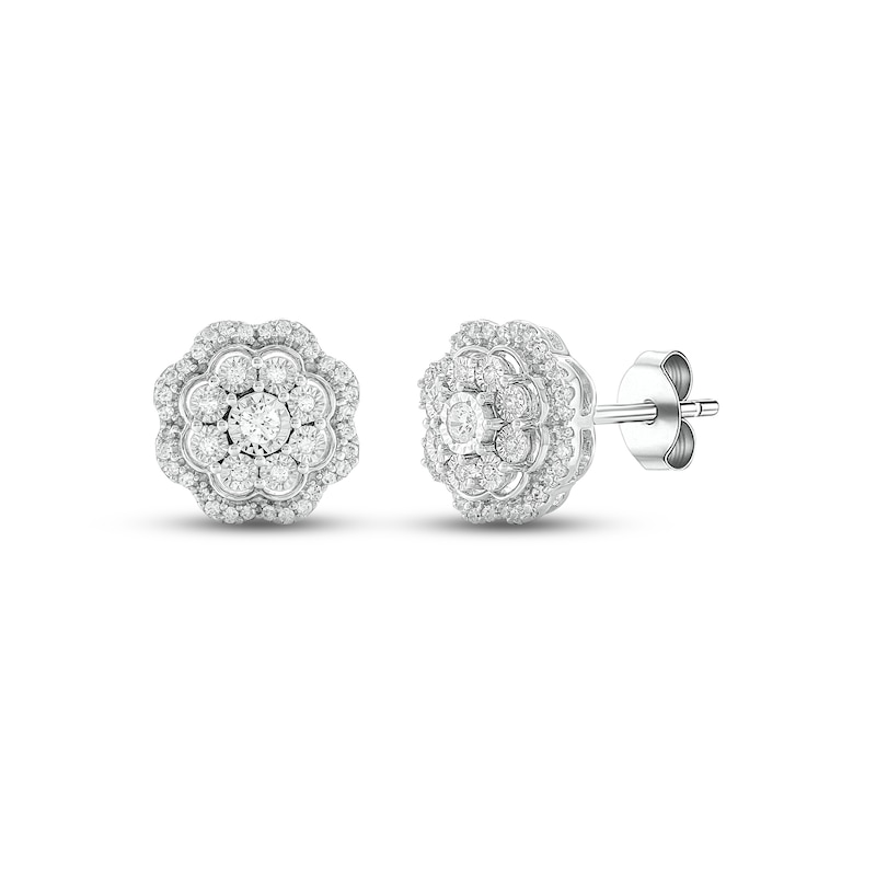 Main Image 1 of Diamond Flower Stud Earrings 1/4 ct tw Round-cut 10K White Gold