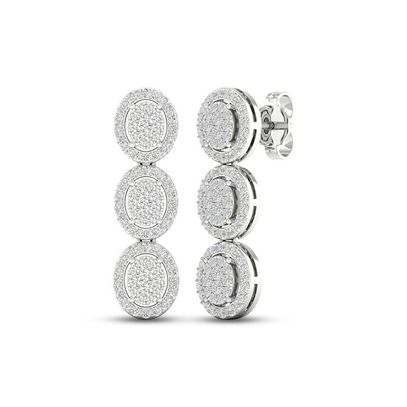 Diamond Three-Oval Dangle Earrings 3/4 ct tw Round-cut 10K White Gold